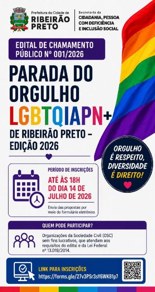 PREFEITURA ABRE SELEÇÃO PARA ORGANIZAR A PARADA LGBTQIAPN+ DE 2026 EM RIBEIRÃO PRETO